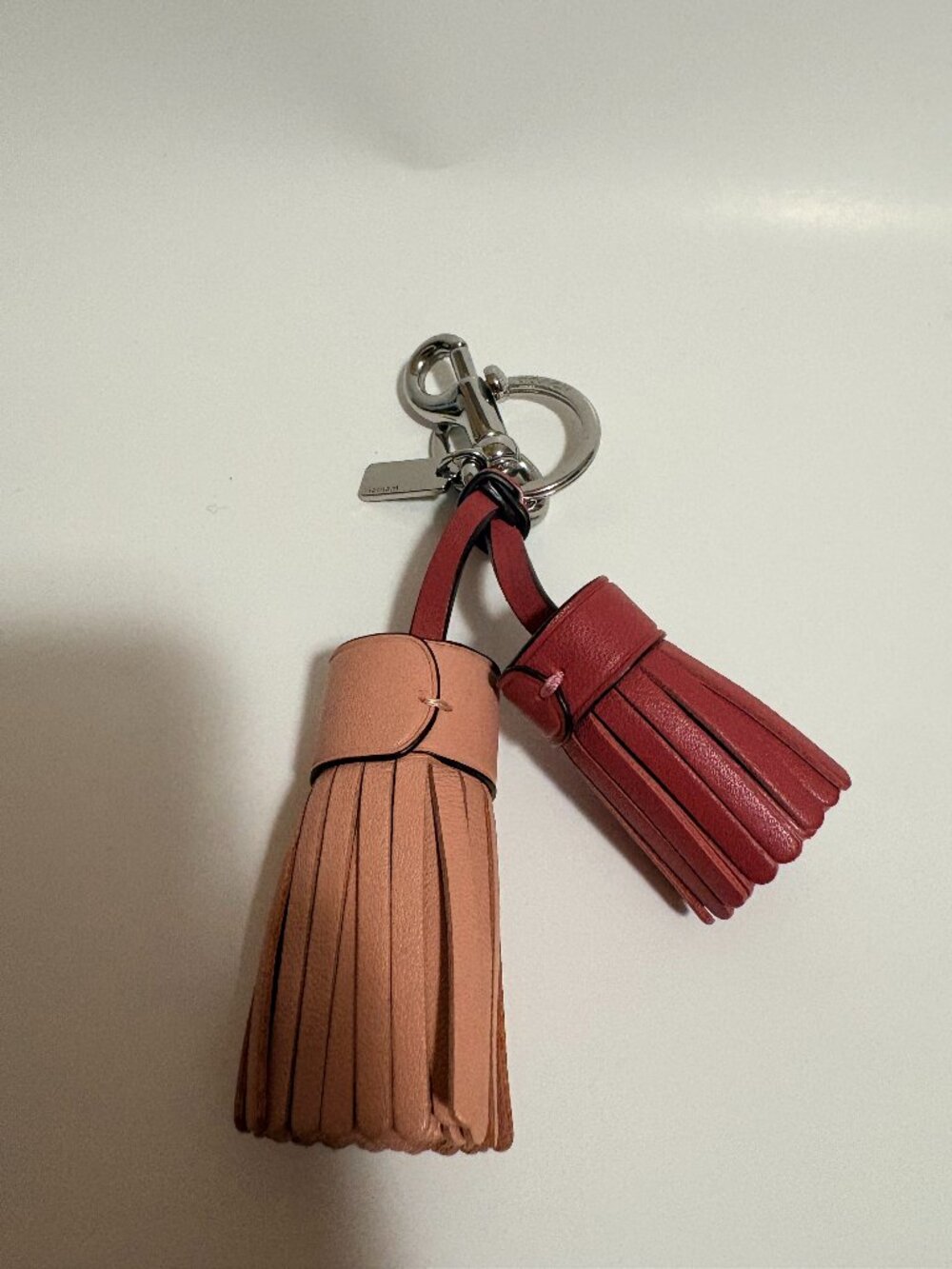 Coach Colorblock Double Leather Tassel Bag Charm Keychain Pink Berry Silver